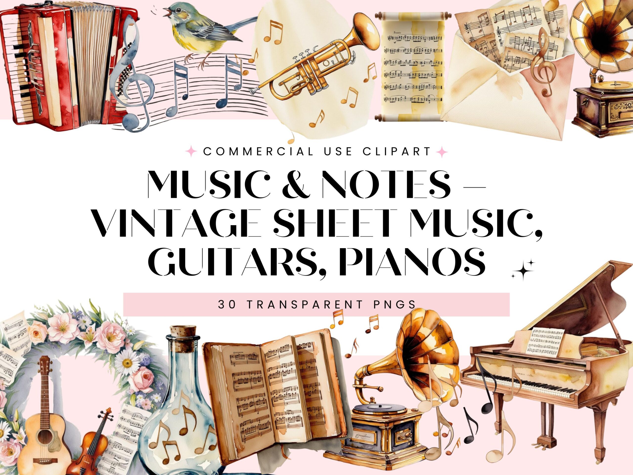 Music & Notes – Vintage sheet music, guitars, pianos